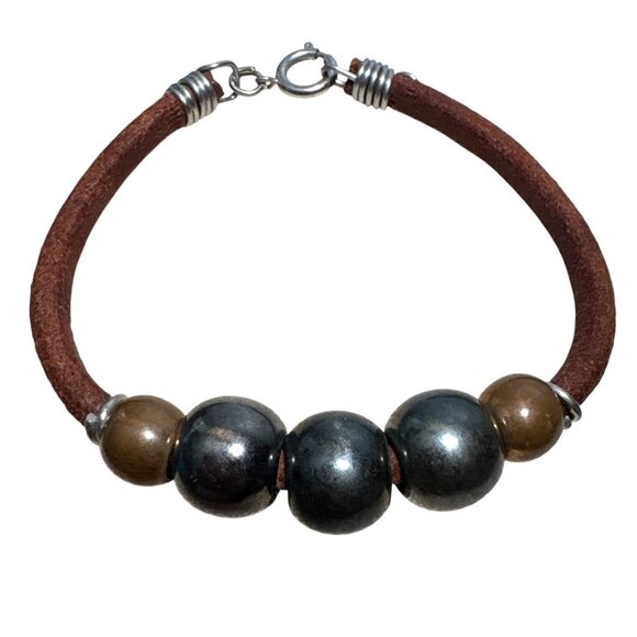 Leather & Metal Beaded Bracelet Rope Design Rustic Earth Tones - Picture 1 of 7